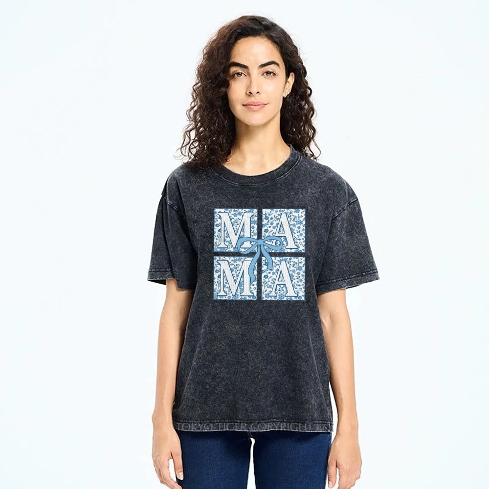 Mama Letter Flower Bow Printed Washed Tee