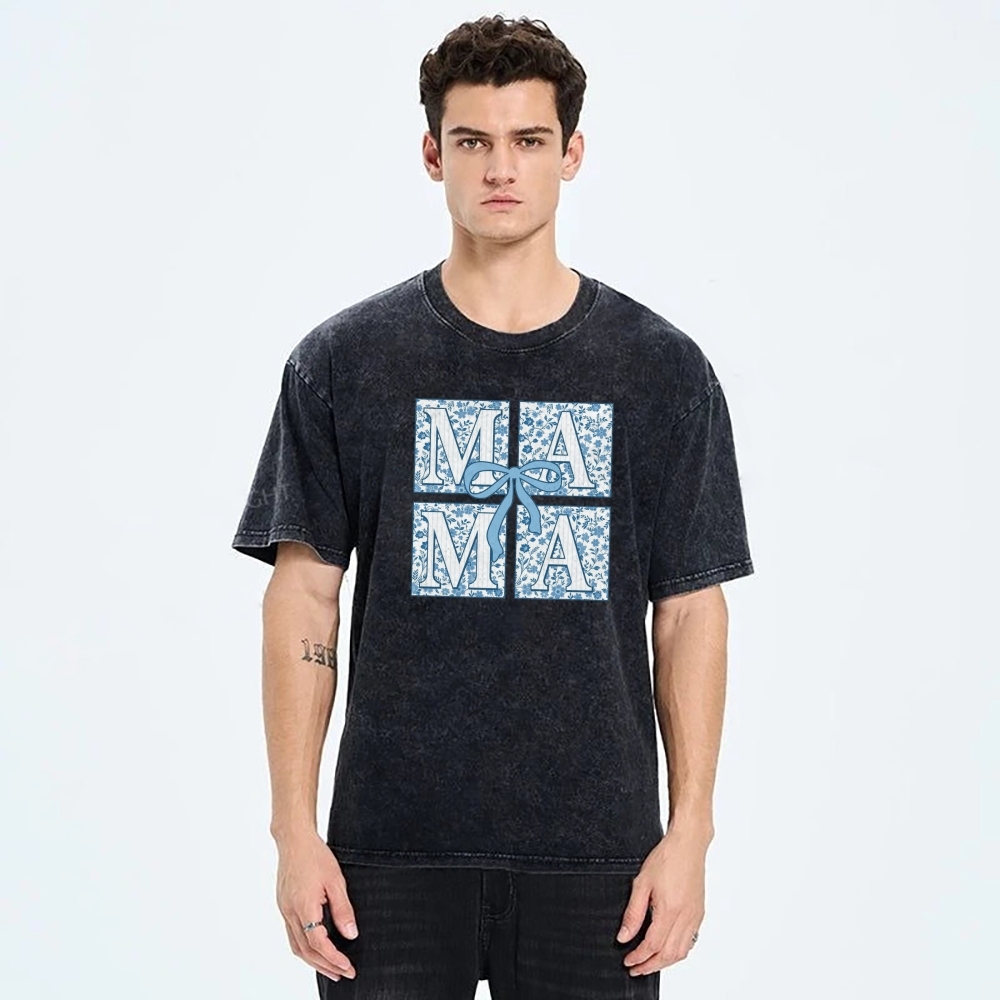 Mama Letter Flower Bow Printed Washed Tee