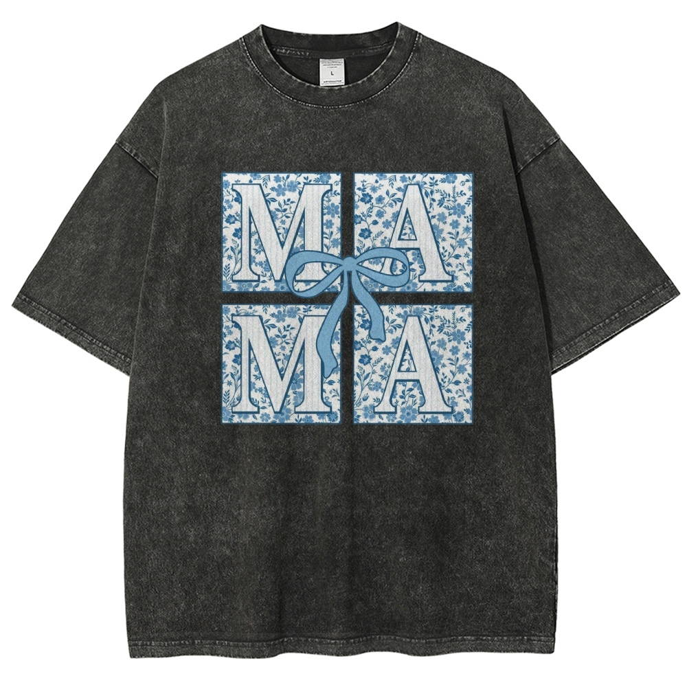Mama Letter Flower Bow Printed Washed Tee