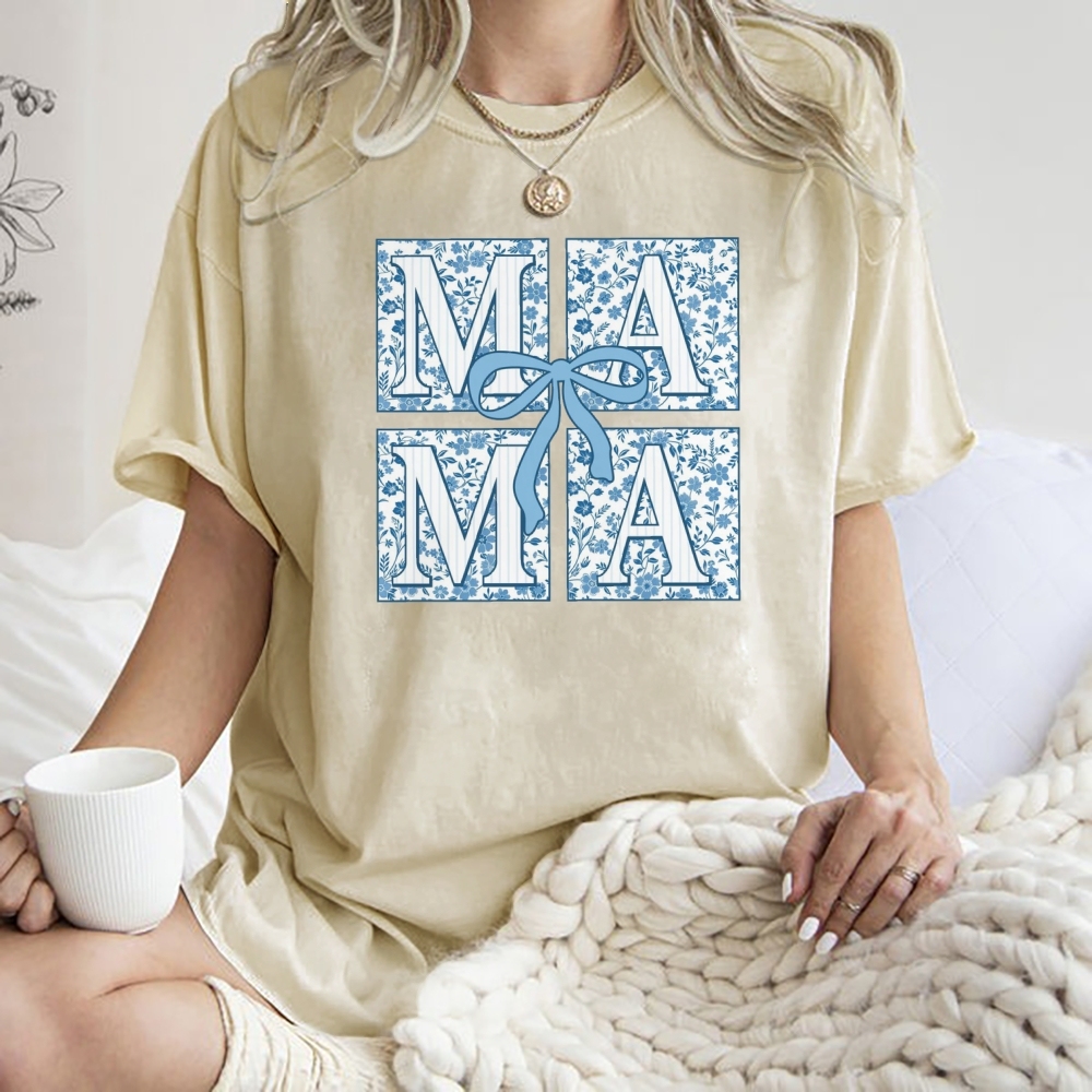 Mama Letter Flower Bow Printed Washed Tee