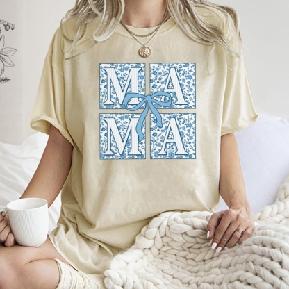 Mama Letter Flower Bow Printed Washed Tee