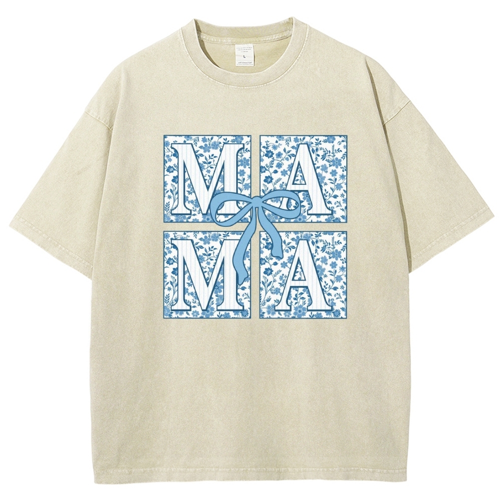 Mama Letter Flower Bow Printed Washed Tee