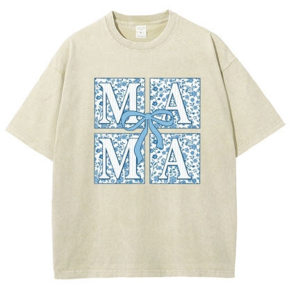 Mama Letter Flower Bow Printed Washed Tee