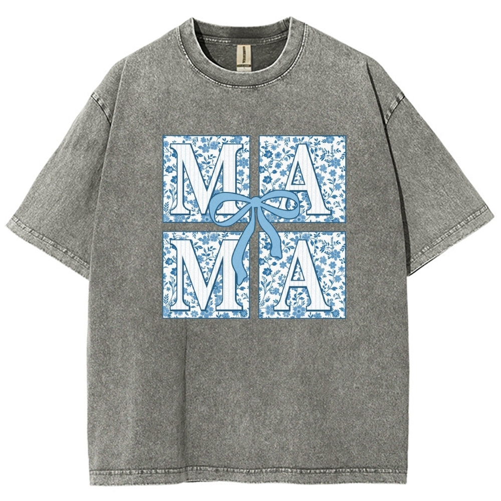 Mama Letter Flower Bow Printed Washed Tee