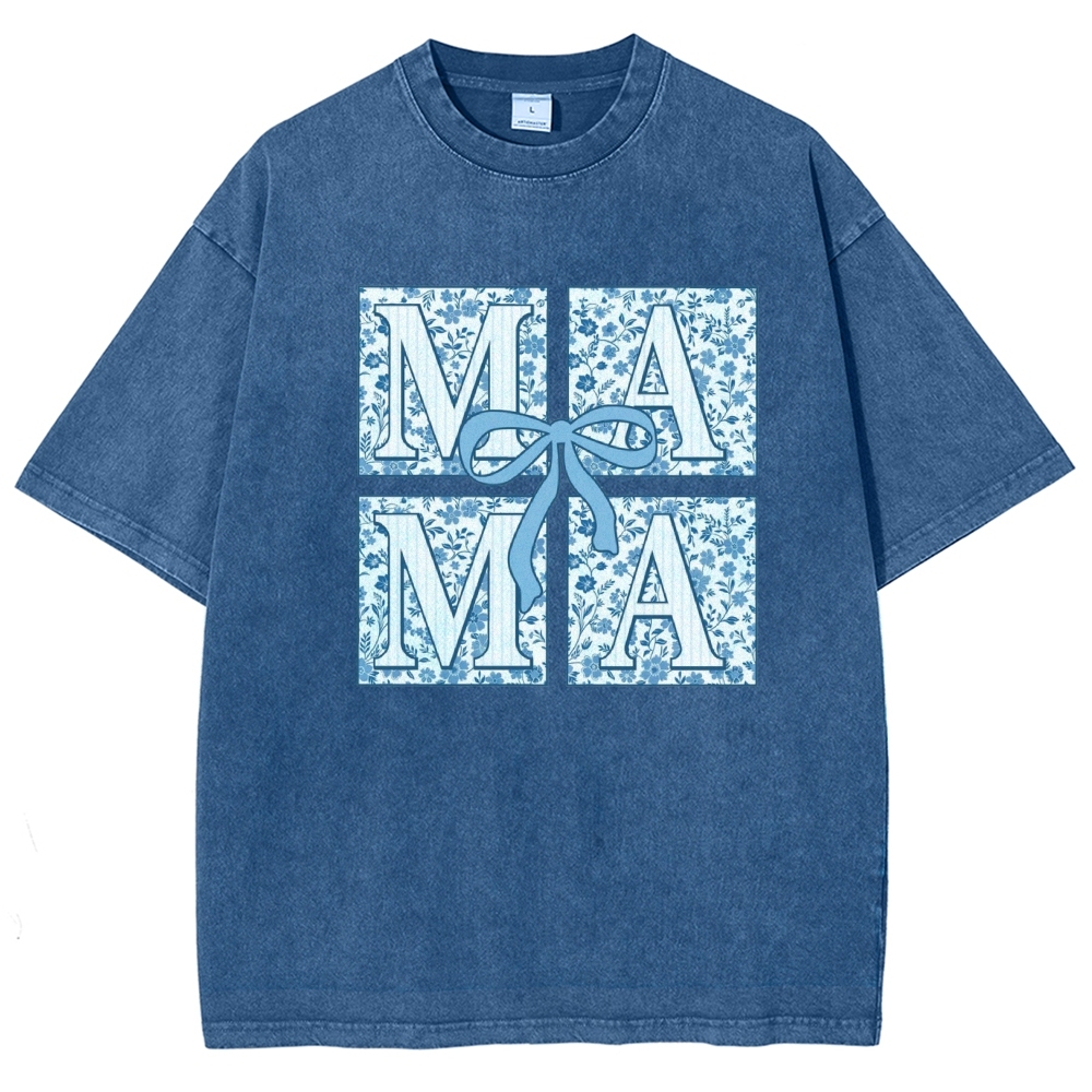 Mama Letter Flower Bow Printed Washed Tee