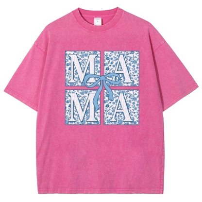 Mama Letter Flower Bow Printed Washed Tee