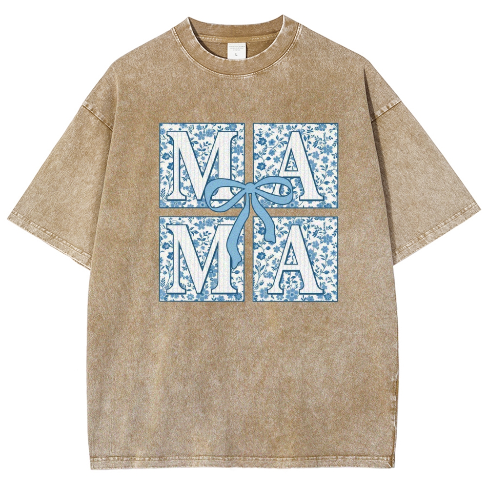 Mama Letter Flower Bow Printed Washed Tee
