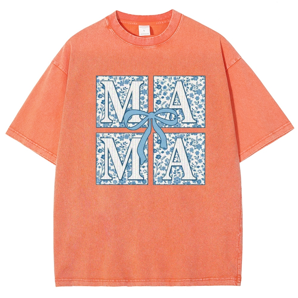 Mama Letter Flower Bow Printed Washed Tee