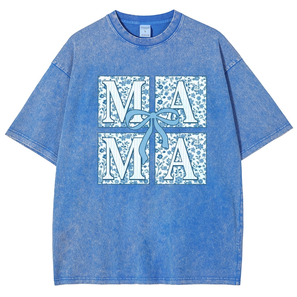 Mama Letter Flower Bow Printed Washed Tee