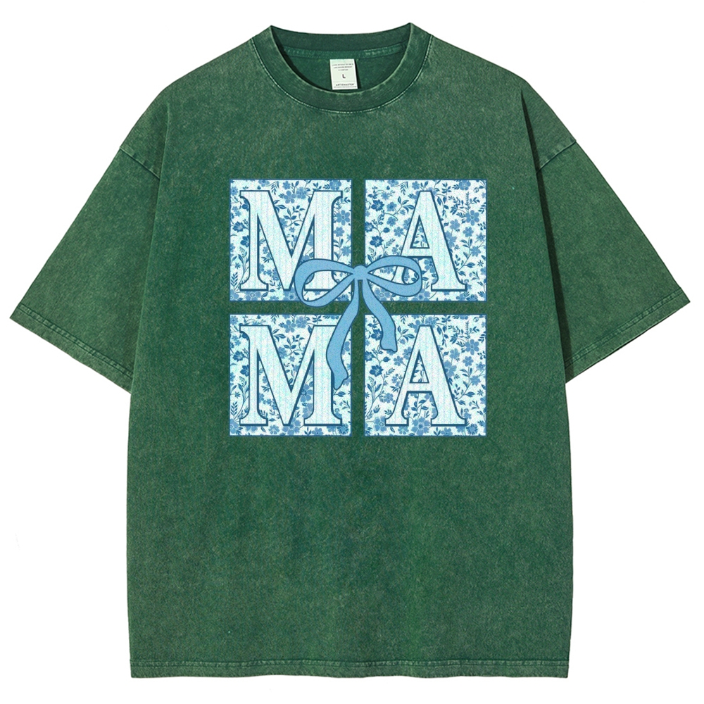 Mama Letter Flower Bow Printed Washed Tee