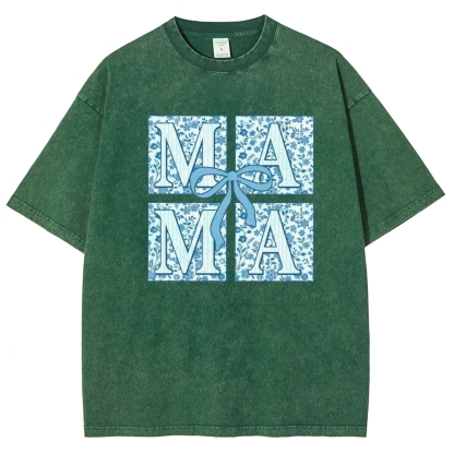 Mama Letter Flower Bow Printed Washed Tee