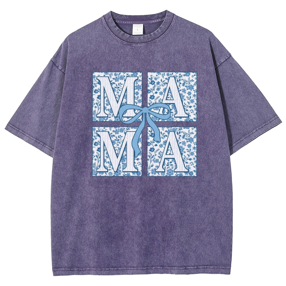 Mama Letter Flower Bow Printed Washed Tee