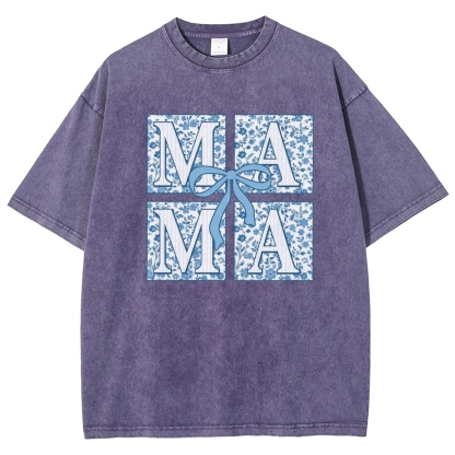 Mama Letter Flower Bow Printed Washed Tee