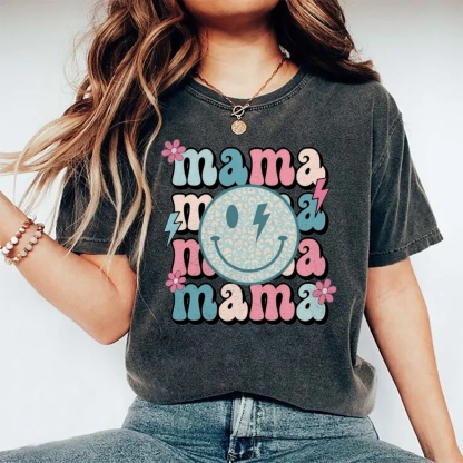 Mom Letters Cartoon Smiley Printed Washed Tee