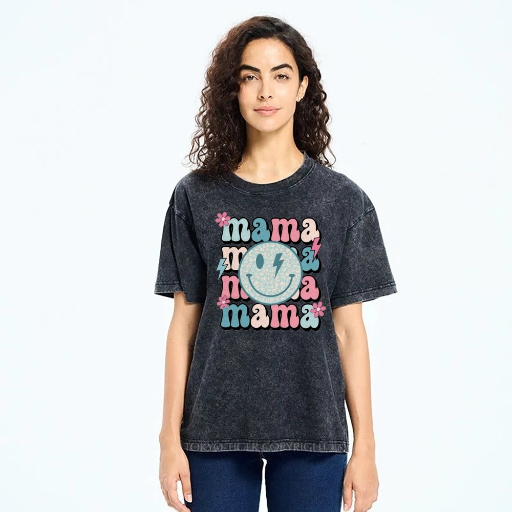 Mom Letters Cartoon Smiley Printed Washed Tee