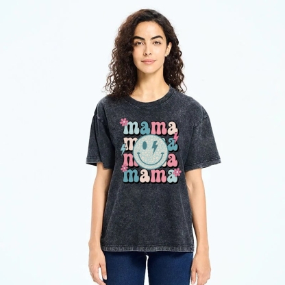 Mom Letters Cartoon Smiley Printed Washed Tee