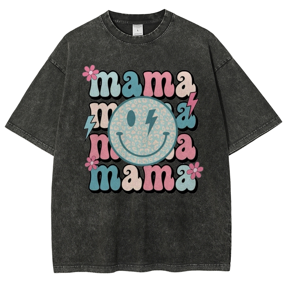 Mom Letters Cartoon Smiley Printed Washed Tee
