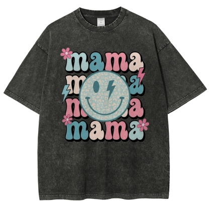 Mom Letters Cartoon Smiley Printed Washed Tee