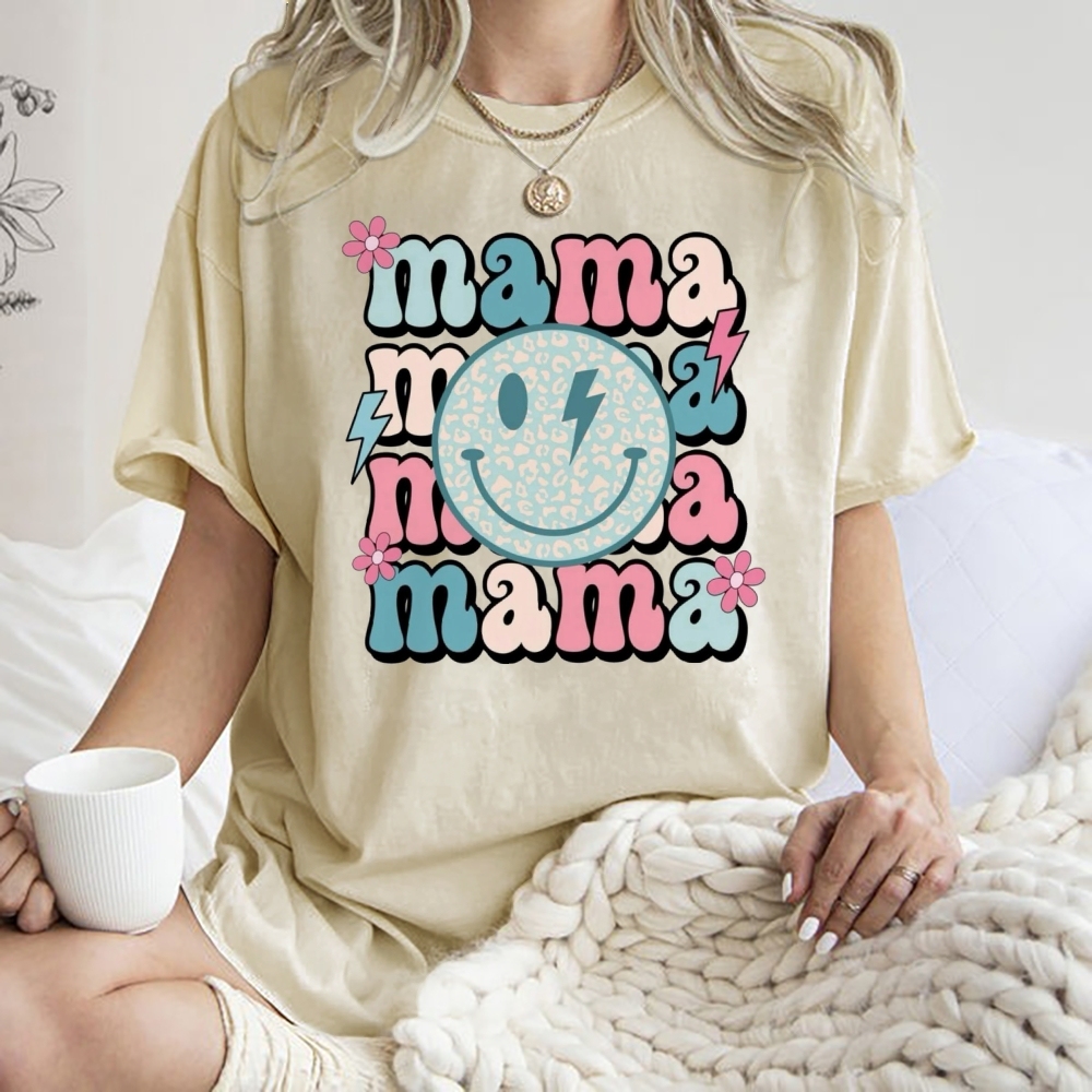 Mom Letters Cartoon Smiley Printed Washed Tee