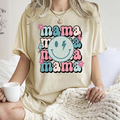 Mom Letters Cartoon Smiley Printed Washed Tee