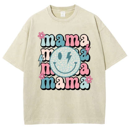 Mom Letters Cartoon Smiley Printed Washed Tee