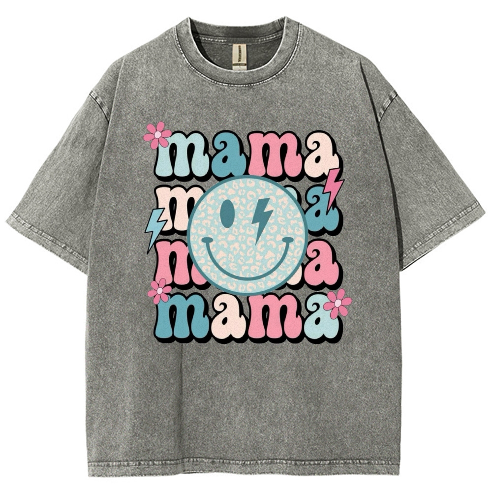 Mom Letters Cartoon Smiley Printed Washed Tee
