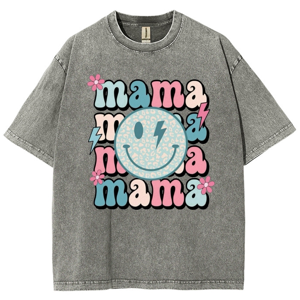 Mom Letters Cartoon Smiley Printed Washed Tee