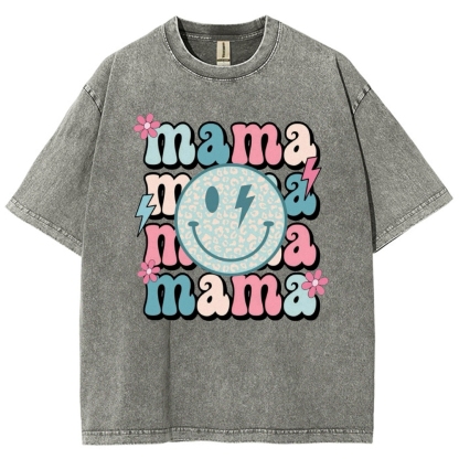 Mom Letters Cartoon Smiley Printed Washed Tee