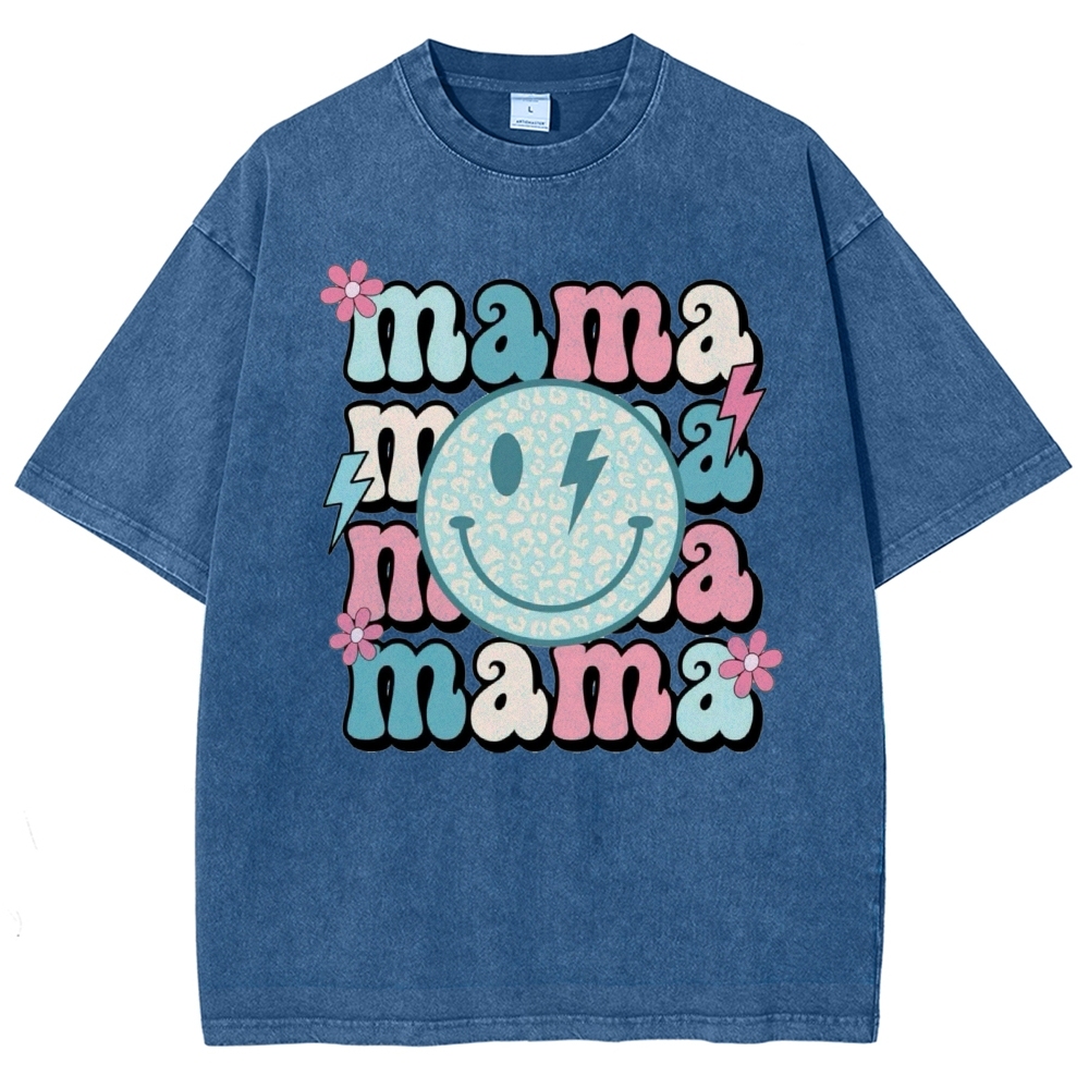 Mom Letters Cartoon Smiley Printed Washed Tee