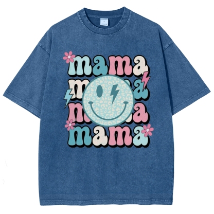 Mom Letters Cartoon Smiley Printed Washed Tee
