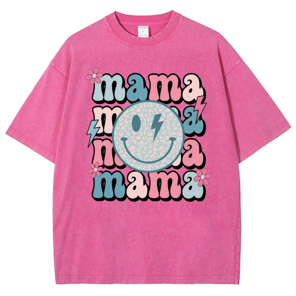 Mom Letters Cartoon Smiley Printed Washed Tee