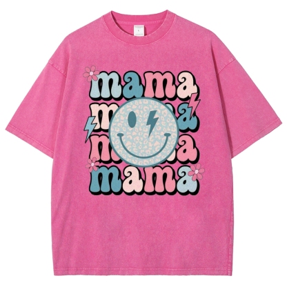 Mom Letters Cartoon Smiley Printed Washed Tee