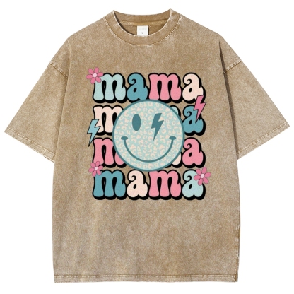 Mom Letters Cartoon Smiley Printed Washed Tee