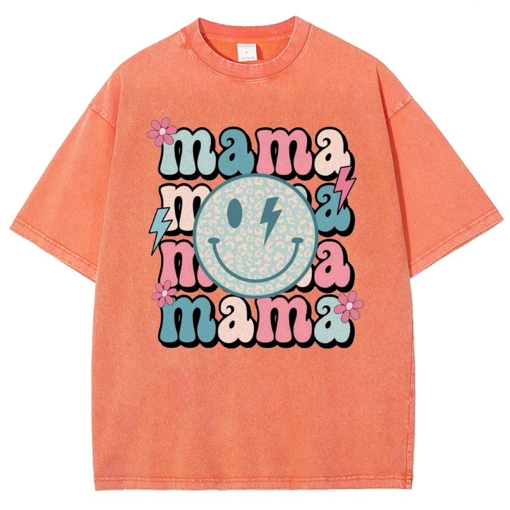 Mom Letters Cartoon Smiley Printed Washed Tee