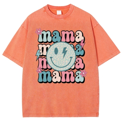 Mom Letters Cartoon Smiley Printed Washed Tee
