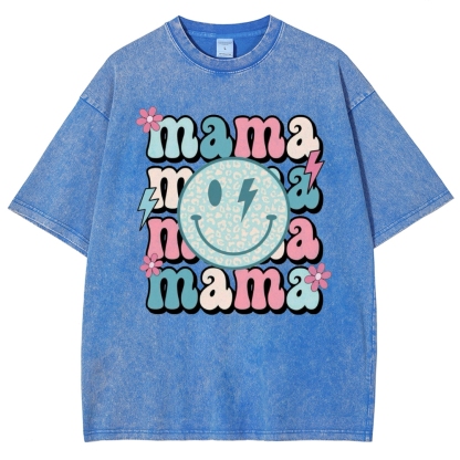 Mom Letters Cartoon Smiley Printed Washed Tee