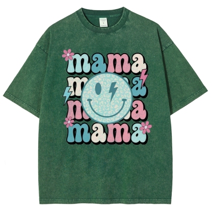 Mom Letters Cartoon Smiley Printed Washed Tee