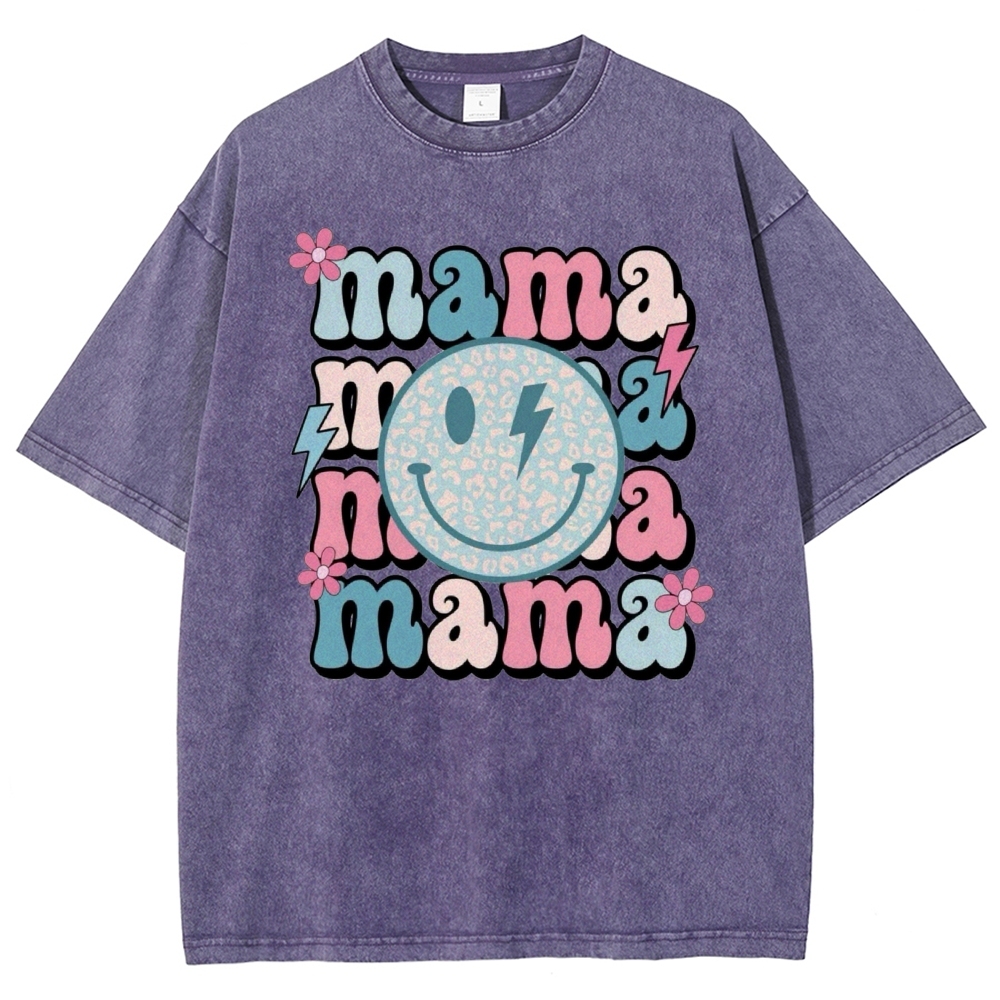 Mom Letters Cartoon Smiley Printed Washed Tee