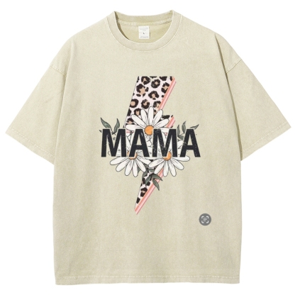 Unisex  Mom lettering lightning daisy Printed Washed Tee