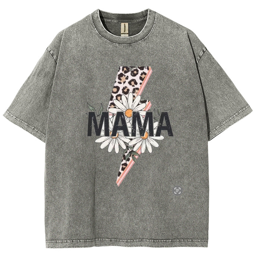 Unisex  Mom lettering lightning daisy Printed Washed Tee