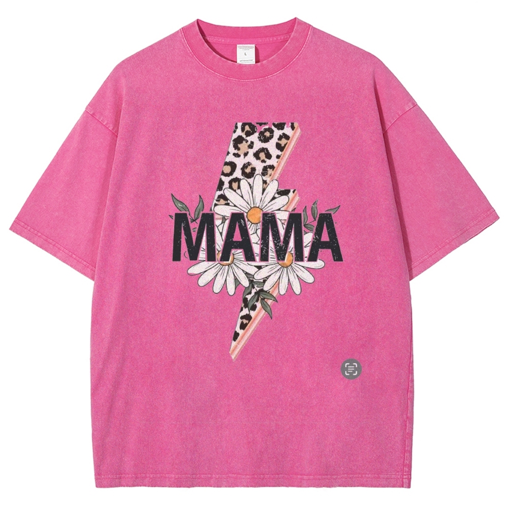 Unisex  Mom lettering lightning daisy Printed Washed Tee