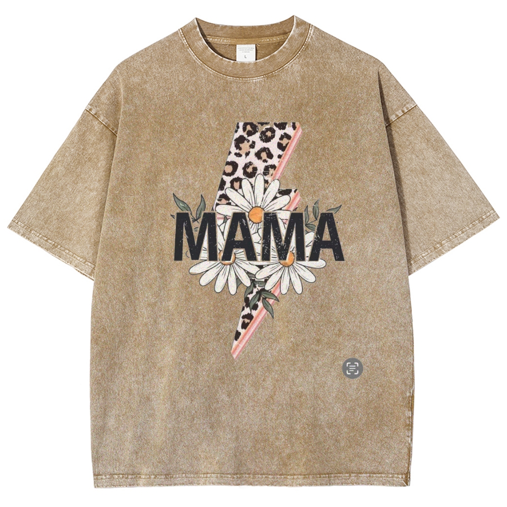 Unisex  Mom lettering lightning daisy Printed Washed Tee