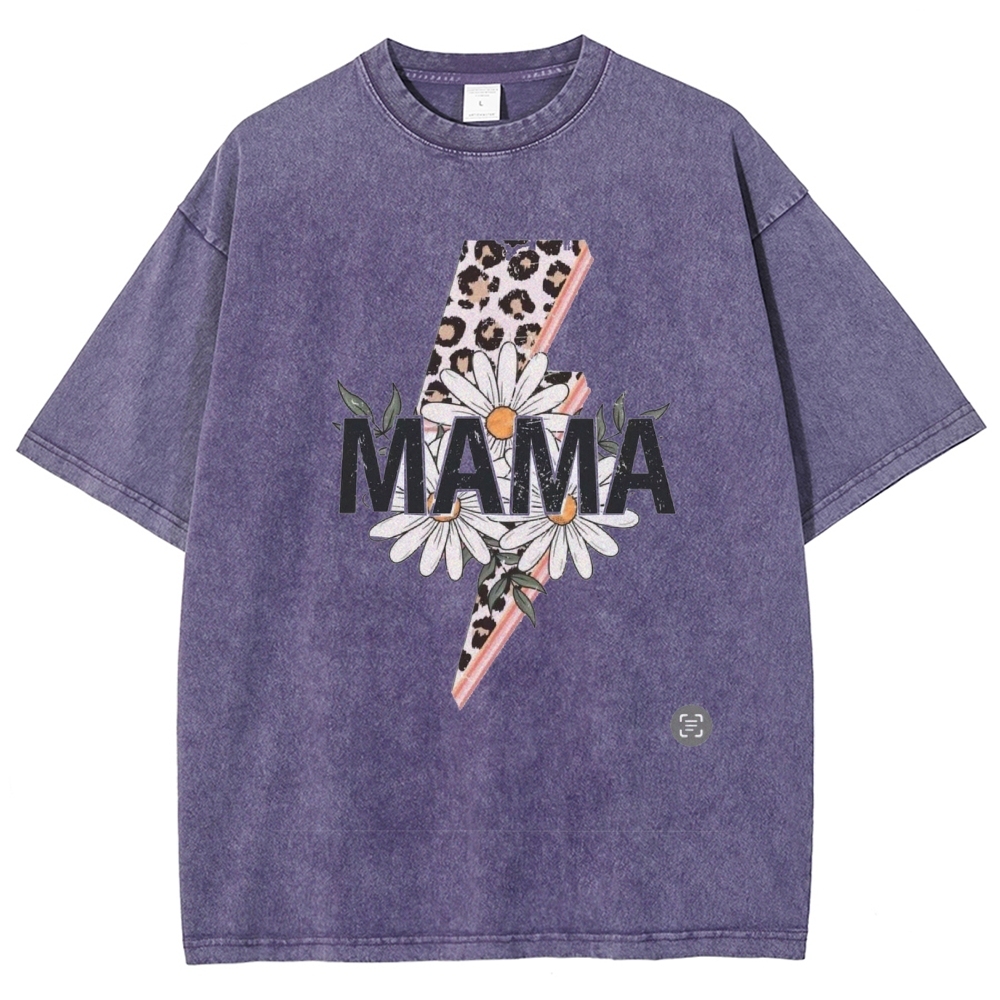 Unisex  Mom lettering lightning daisy Printed Washed Tee