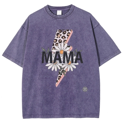 Unisex  Mom lettering lightning daisy Printed Washed Tee