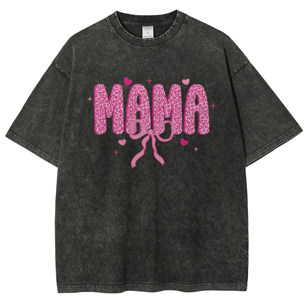 Mama Letter Leopard Bow Printed Washed Tee