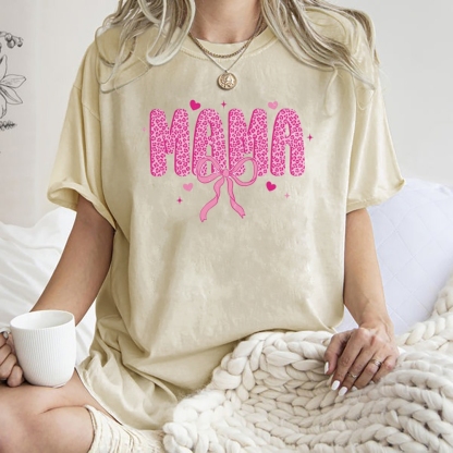 Mama Letter Leopard Bow Printed Washed Tee