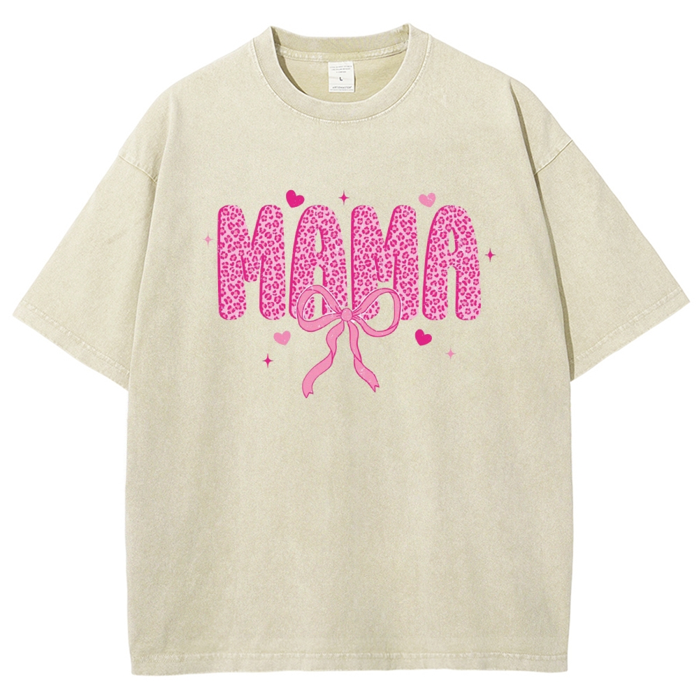 Mama Letter Leopard Bow Printed Washed Tee