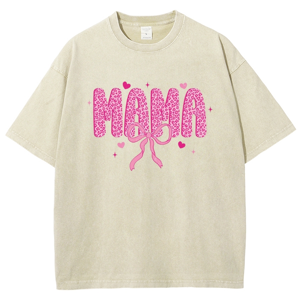 Mama Letter Leopard Bow Printed Washed Tee