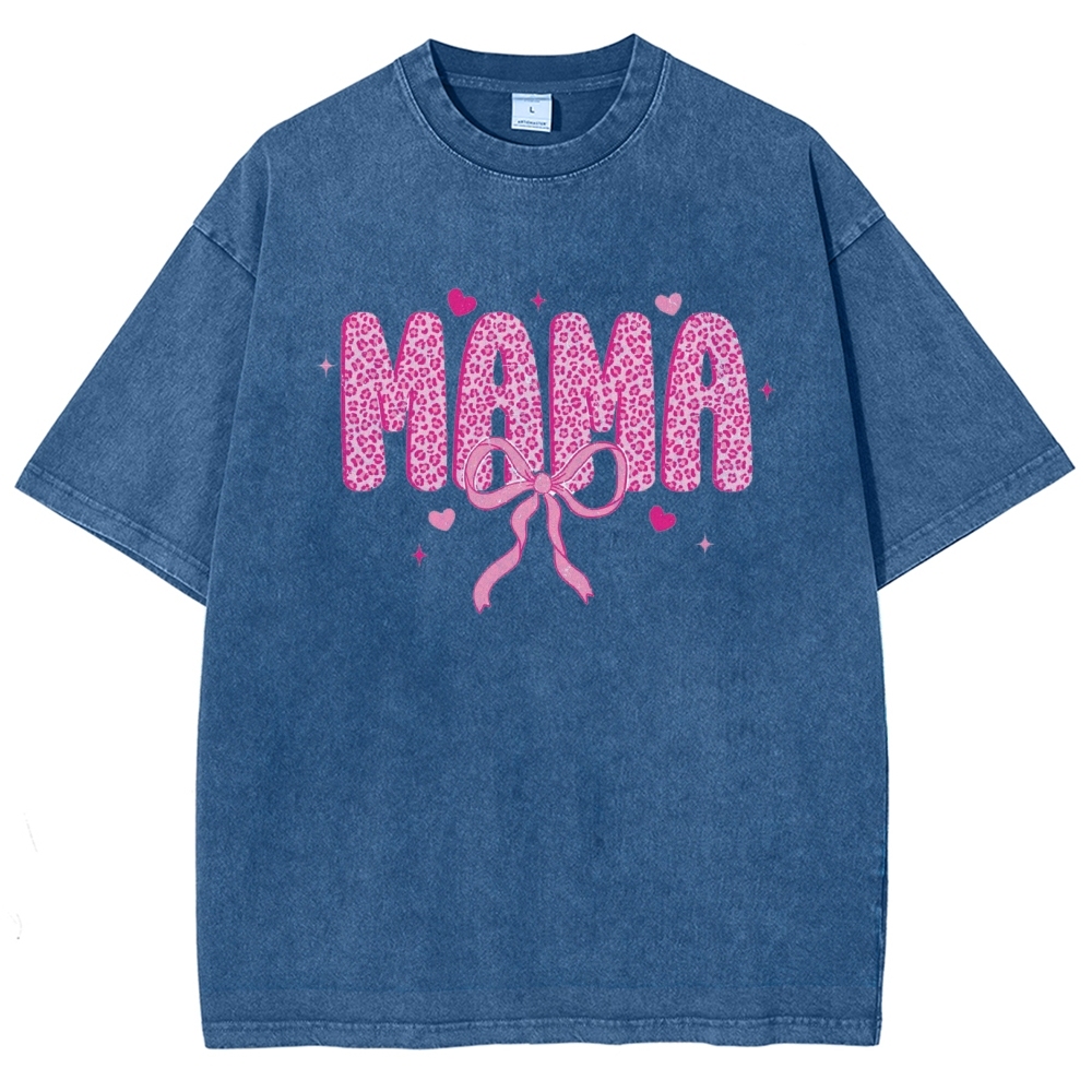 Mama Letter Leopard Bow Printed Washed Tee
