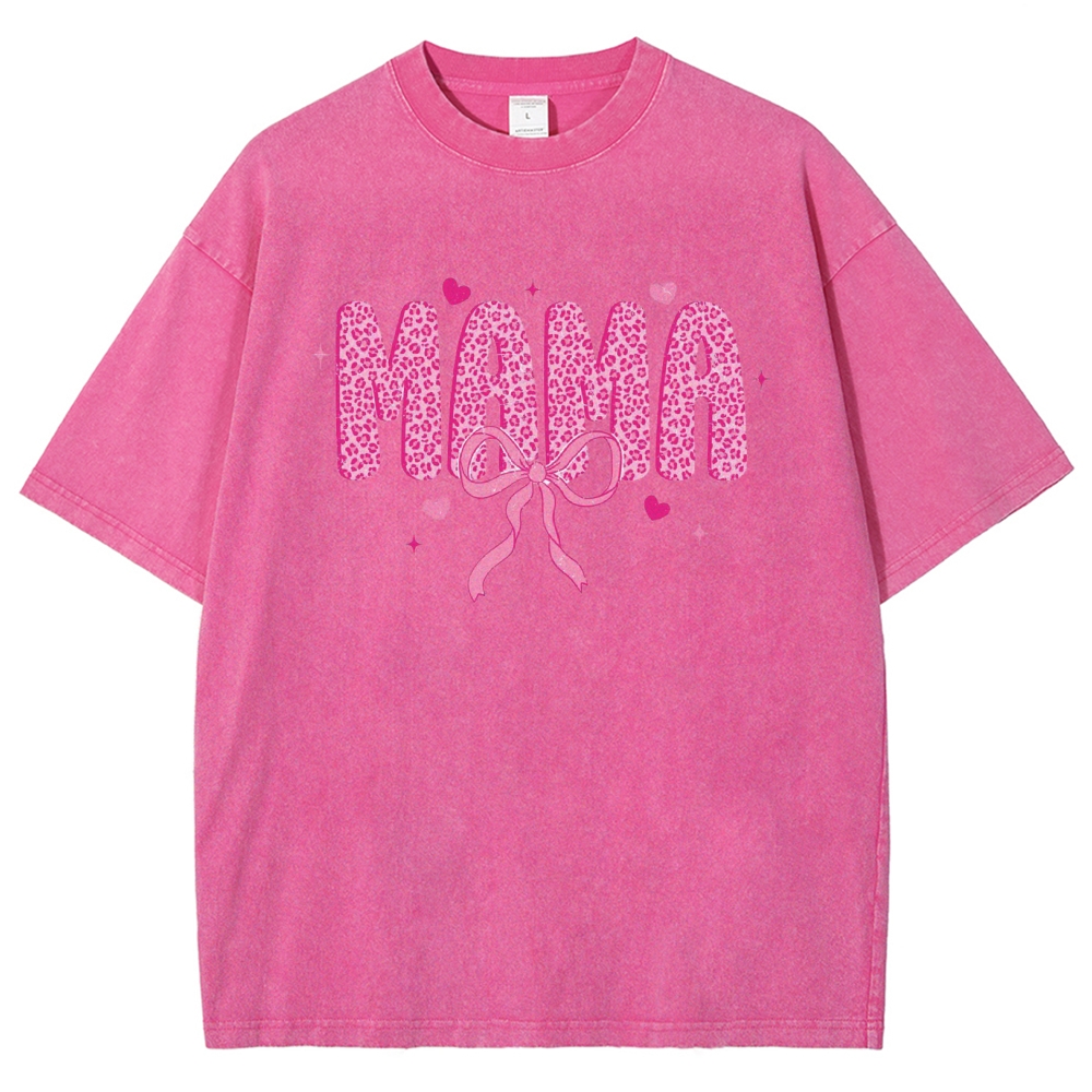 Mama Letter Leopard Bow Printed Washed Tee